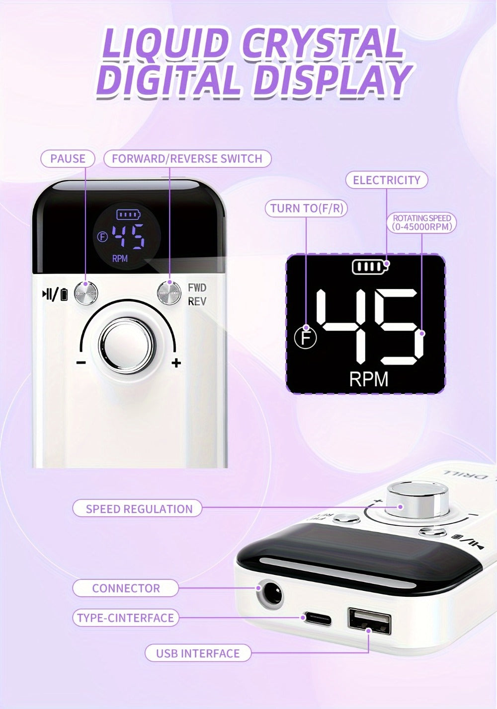 45000RPM Electric Nail Drill Machine Rechargeable Cordless with LCD Display Professional Nail File Drill for Acrylic Gel Nails Cuticle Removal Manicure Pedicure Polisher Home Salon - product image 14