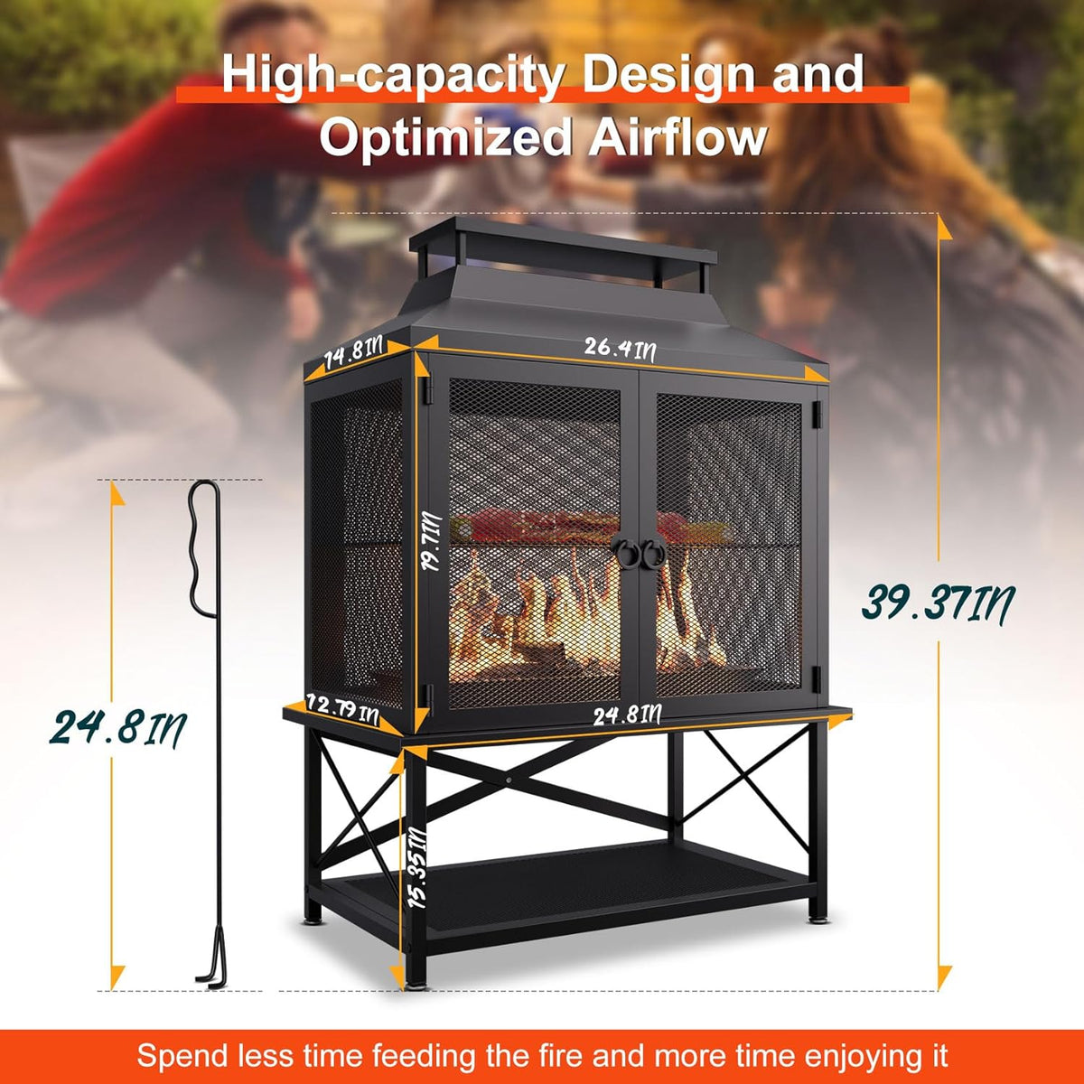 Outdoor Fireplace 39 Inch Rectangular Wood Burning Fire Pit with Grill, Spark Screen & Poker, Large Metal Patio Fireplace with Wood Storage for Garden Deck Backyard, Black - product image 6