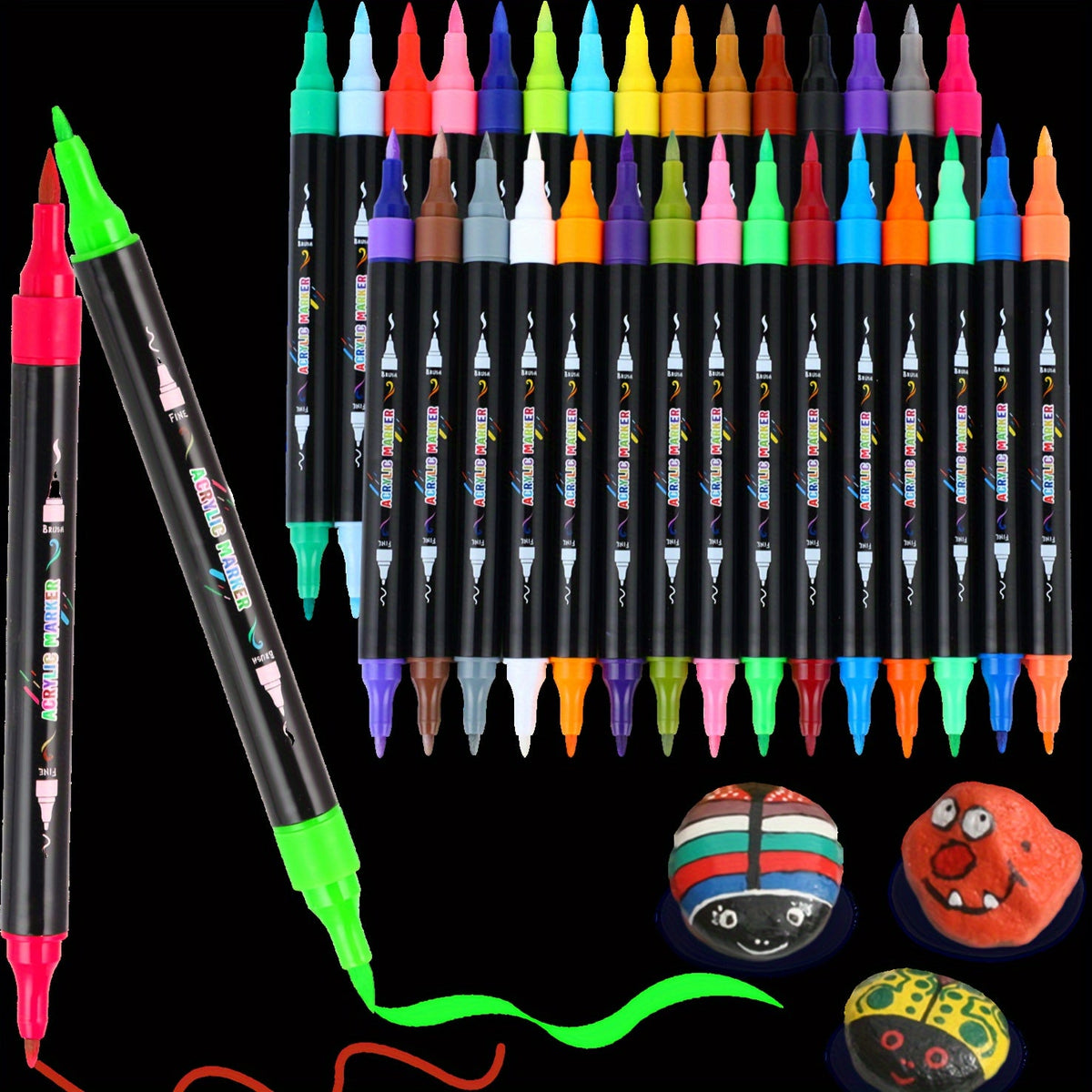 Opaque Waterproof Paint Pens for Wood Stone Rock Glass Ceramic Canvas Fabric Professional Artists Crafters Gift – Acrylic Paint Markers Brush & Fine Dual Tip 30 48 60 Colors