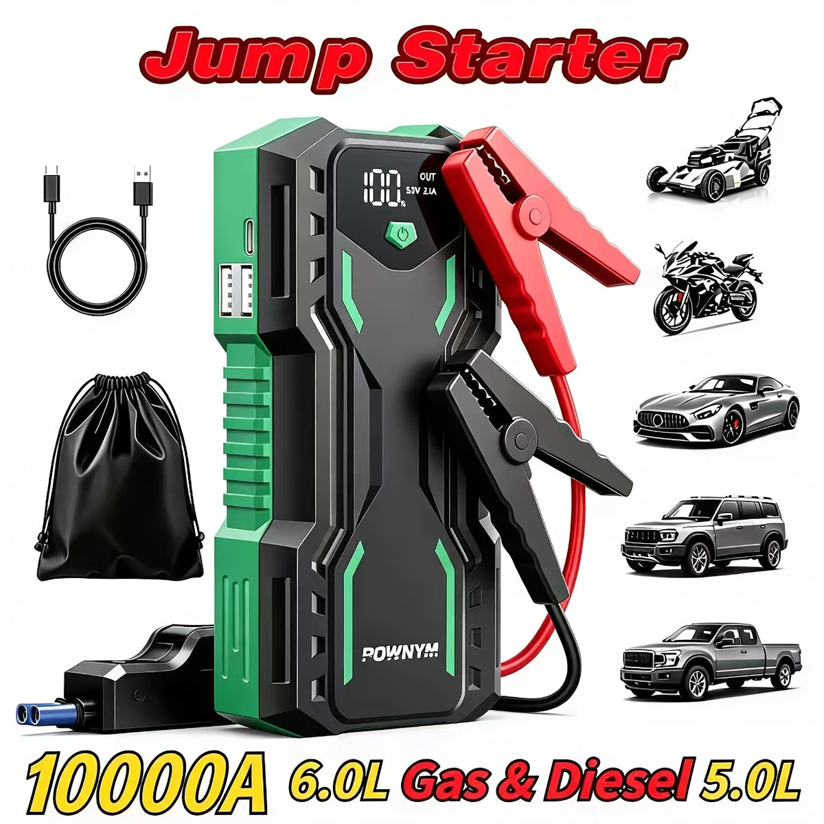 10000A Car Jump Starter and 10000A 7-in-1 Jump Starter with Air Pump, 150PSL Car Battery Starter, Suitable for 2.64-Gallery Gasoline Or 2.38-Gallery Diesel - product image 7