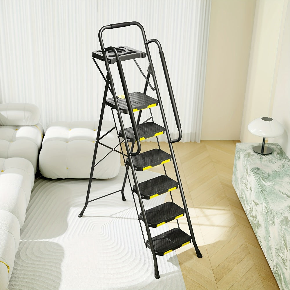 6 Step Ladder with Handrails & Tool Platform 800 LBS – Folding Step Stool Wide Pedal Steel Safety Ladder for Adults, Painting, Home, Garage & Outdoor Use – Auto Safety Lock, Compac - product image