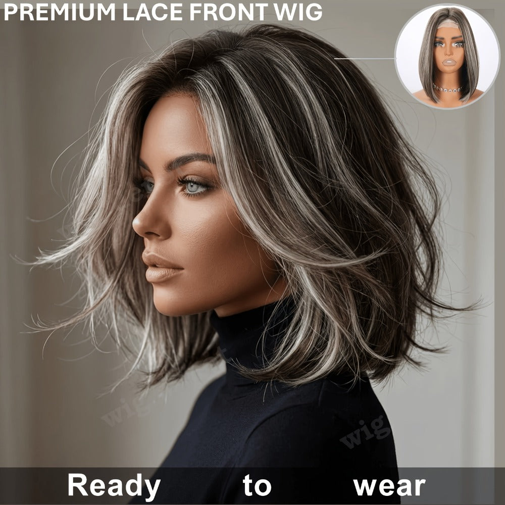 U Part Lace Front Bob Wig 4x1 Glueless Rose Net Cap Middle Part Natural Hairline Synthetic Wig for Women 14 Inch Brown Highlights Milky White Black Pink - product image 11