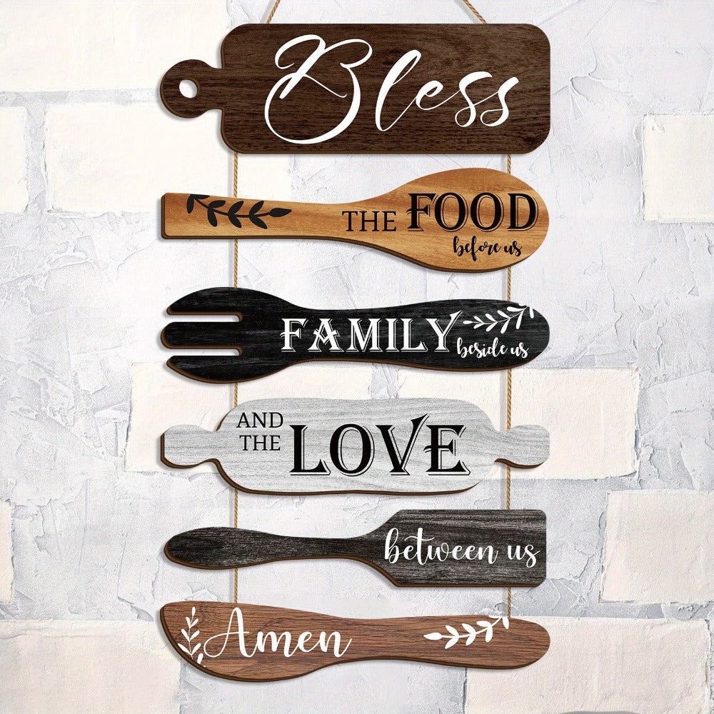 Farmhouse Wall Decor Wood Sign Set - "Bless The Food Before Us" Rustic Kitchen Dining Room Hanging Plaque, 6-Piece Rope Wood Board Art, Housewarming Thanksgiving Gift for Home - product image 4