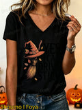 Halloween-themed Printed V-neck Short-sleeve Top, Witch Hat and Broom Print V-neck Short-sleeve Top, Women's Summer Clothing, Women's V-neck Top, Women's - product image 9