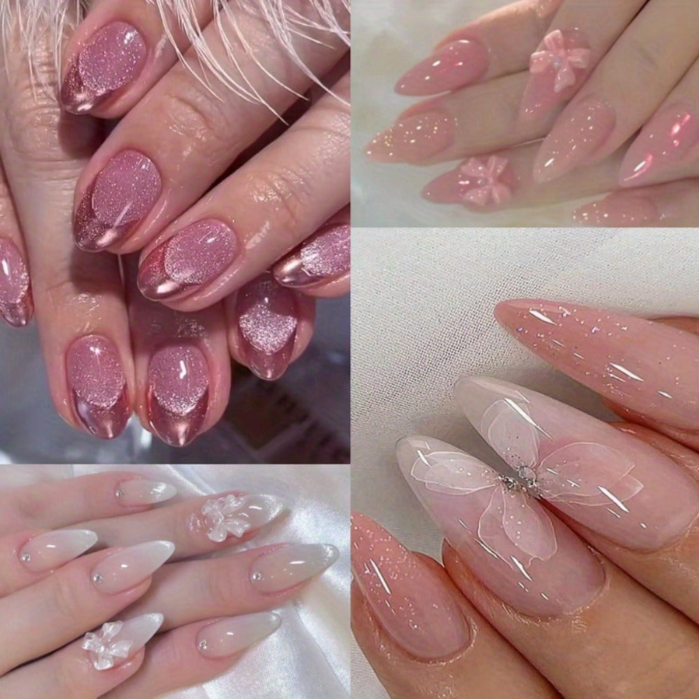 Ice Pink Almond Press On Nails 96 Pieces 4 Packs – Gradient Flower Butterfly Glossy Full Cover False Nails for Women Girls | Shiny Nail Tips Daily Wear Spring Summer Bridal Wedding - product image 9