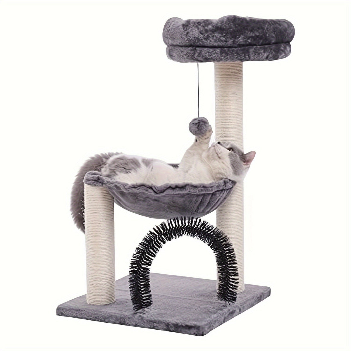 FluffyDream Indoor Cat Tree with Scratching Posts, Plush Basket, Top Perch & Dangling Ball, Sturdy Cat Tower with Grooming Brush for Kittens & Small Cats, Gray - product image 2