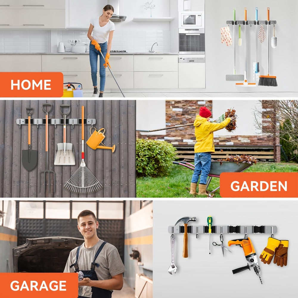Wall Mounted Broom & Mop Holder – 304 Stainless Steel Broom Organizer with 4 Racks & 5 Hooks – Rustproof Non-Slip Wall Broom Hanger for Kitchen, Garage, Bathroom, Laundry & Closet  - product image 7