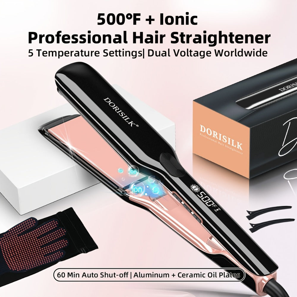Plasma Ionic Hair Straightener Flat Iron 500°F with PTC Ceramic Oil Plates, LCD Display & 60-Min Auto Off — Frizz Control Professional Flat Iron for All Hair Types, 1" & 1.77" Plat - product image