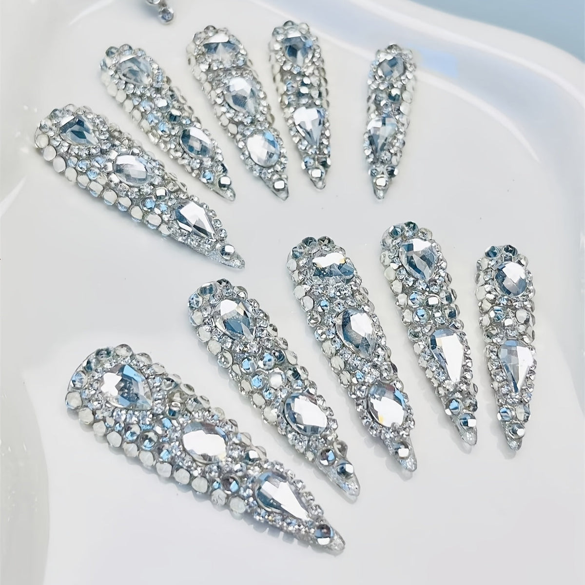 Rhinestone Press On Nails Kit 10pcs Extra Long Almond – Handmade Y2K Silvery Glam Fake Nails with Nail Tools, Stickers & Charms for Women, Party, Christmas, DIY Salon Nail Art Set - product image 11
