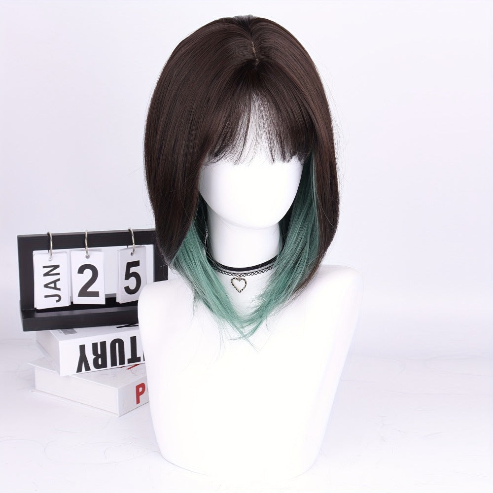 Ombre Synthetic Bob Wig with Bangs 150% Density 16 Inch Short Straight Rose Net Cap | Brown Black Wine Red Pink Green | Halloween Cosplay Party Music Festival - product image 9
