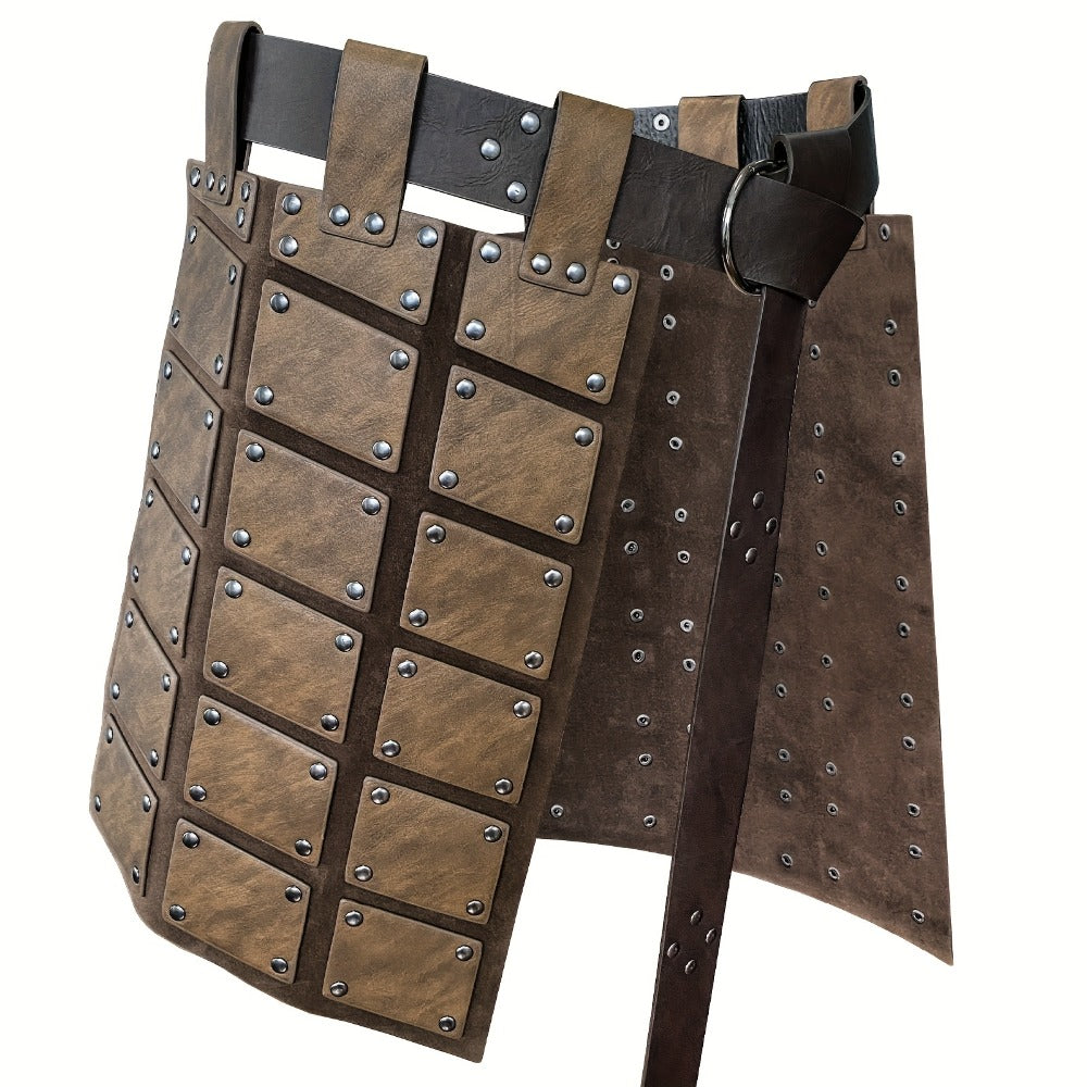 Embossed PU Faux Leather Waist Armor, Nordic Medieval Warrior Costume for Halloween LARP Cosplay Renaissance Fair, Dark Brown & Black – Viking Skirt Armor with - product image