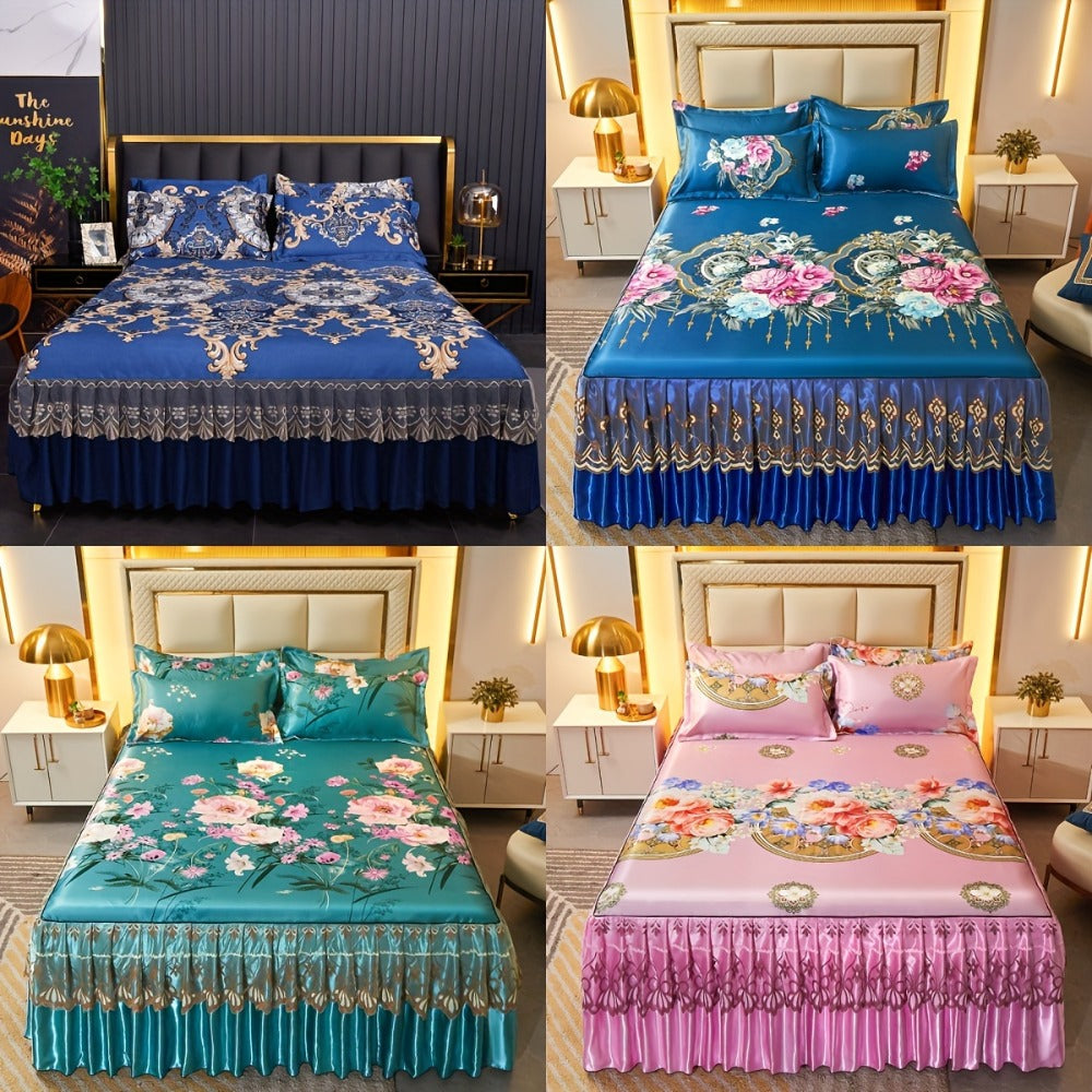 Floral Ruffle Bed Skirt Cool Mat 3 Piece Set with Pillowcase, Double Layer 360° Full Wrap Washable Cooling Mattress Cover, Breathable Summer Bedding Set for Twin Full Queen King, P - product image