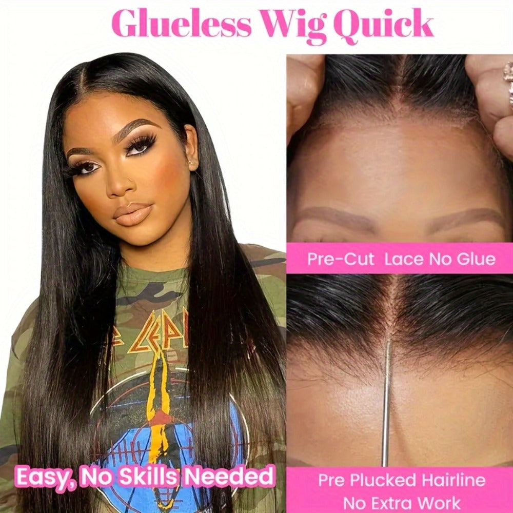 Put On and Go Wig 6x4.5 HD Lace Human Hair Straight 250% Density Glueless Pre-Plucked Pre-Cut Pre-Bleached Knots Long Straight Wig for Women 22-36 Inch Natural Black - product image 6