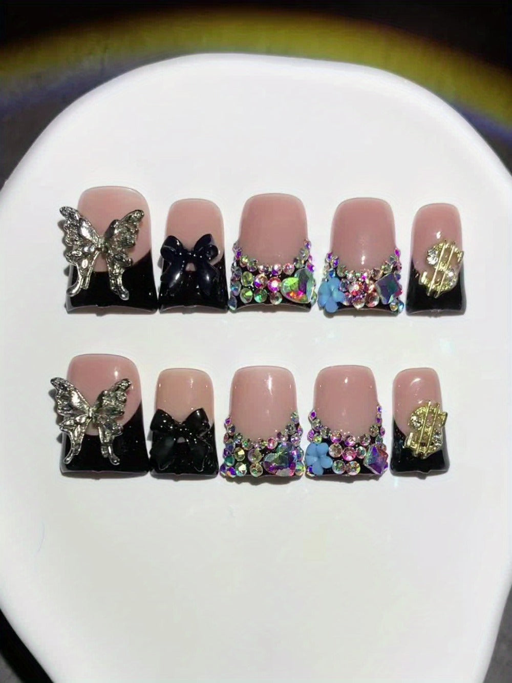 Black Nude Duckbill Press On Nails Medium Length – Glitter AB Rhinestone & Liquid Metal Butterfly Colorblock Handcrafted Acrylic Nail Set for Parties, Date Night & Daily Wear, 10pc - product image 8
