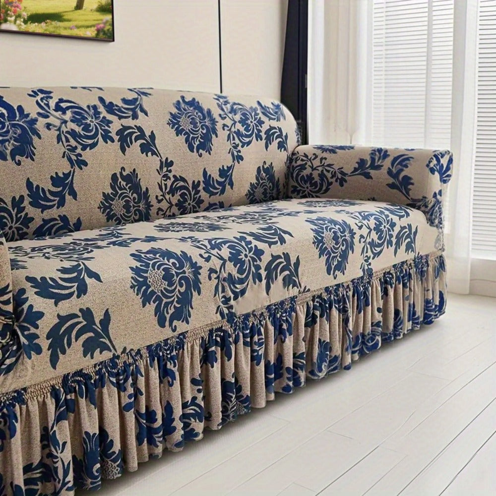 Stretch Sofa Cover Slipcover High-Stretch Fabric Ruffle Skirt Non-Slip Rod All-Season Snug Fit for 1 2 3 4 Seater Couch — Dark Blue with Pillow Cover - product image
