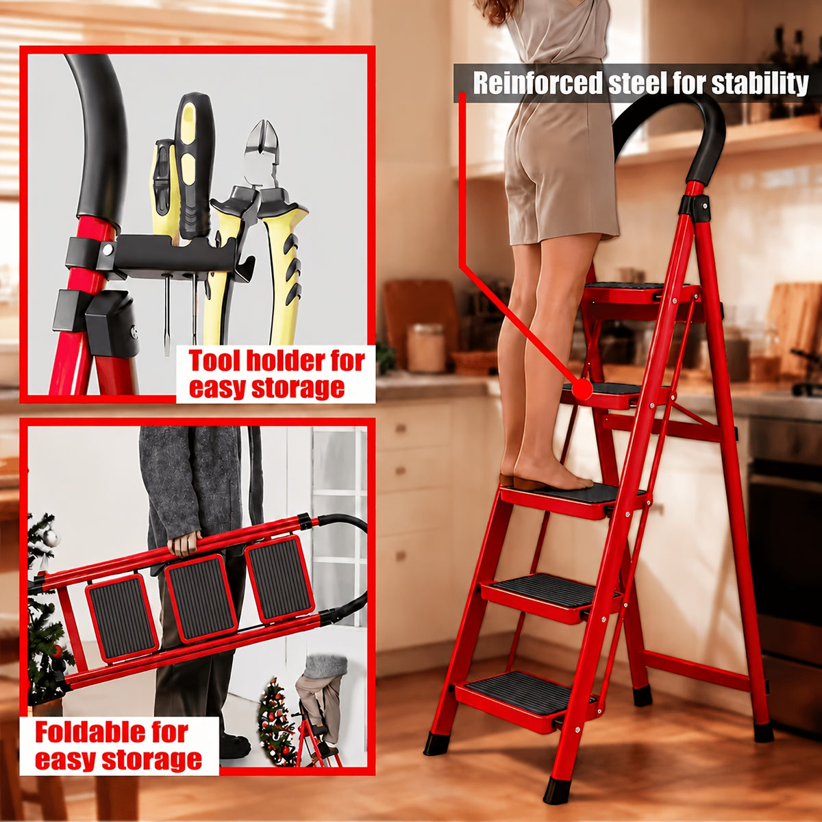 500lbs Load-bearing Folding Ladder | Heavy-duty Steel Step Stool with Anti-slip Wide Treads, Handrails, Safety Lock Design, Black and Red Color Scheme - product image 2