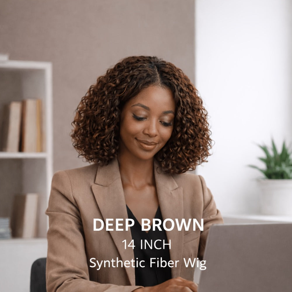 Glueless Deep Wave Curly Bob Wig with Rose Net Cap 14 Inch No Glue Secure Fit Short Curly Synthetic Wig for Women Burgundy Golden Dark Brown Light Brown - product image 6