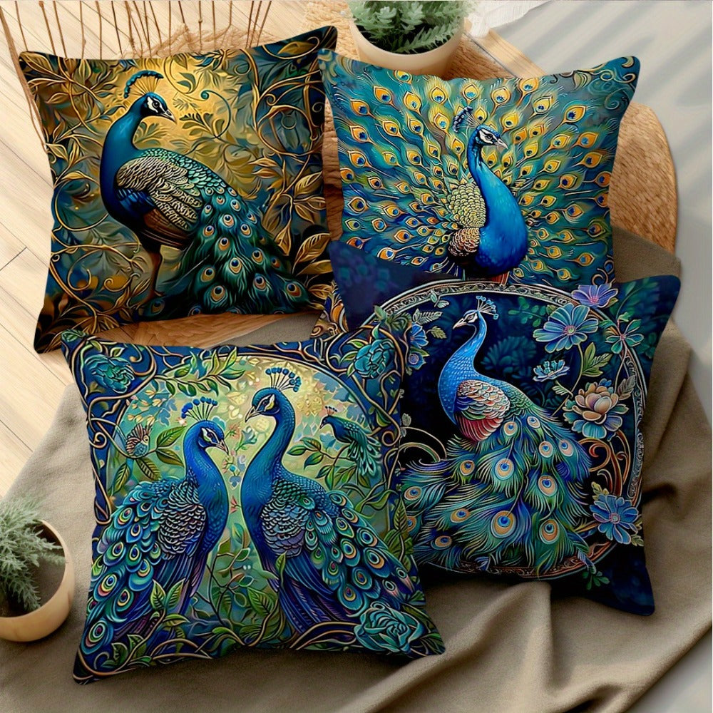 Cushion Covers 18x18 Set of 4 Vintage Peacock Oil Painting Boho Plush Throw Pillow Cases with Zipper Machine Washable for Living Room Bedroom Home Decor - product image