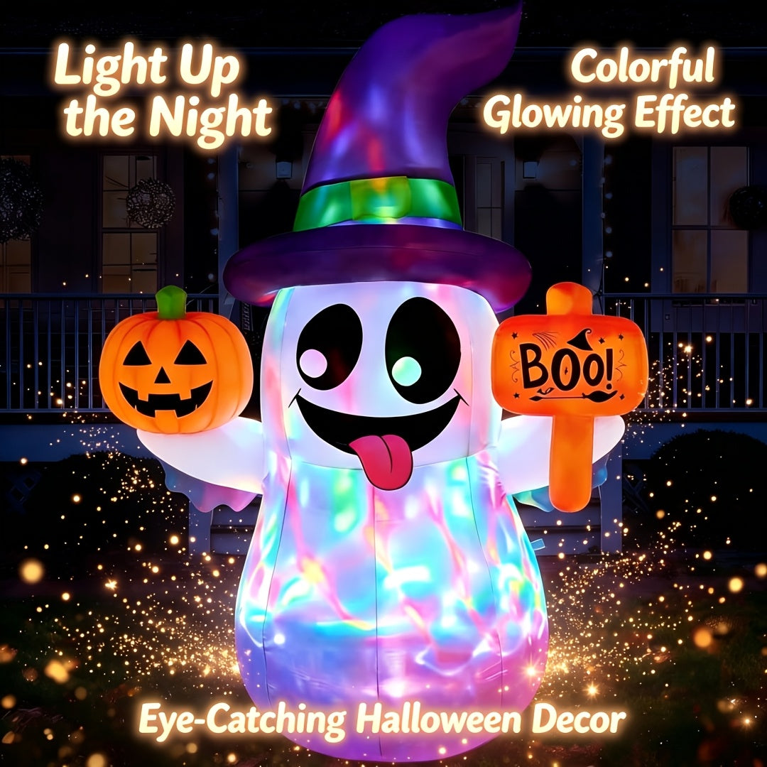 5 FT for halloween Inflatables Ghost Outdoor Decorations, Blow Up Cute Wizard Ghost With Pumpkin, Blow Up Yard Decoration With Rotating Colorful LED For - product image 4