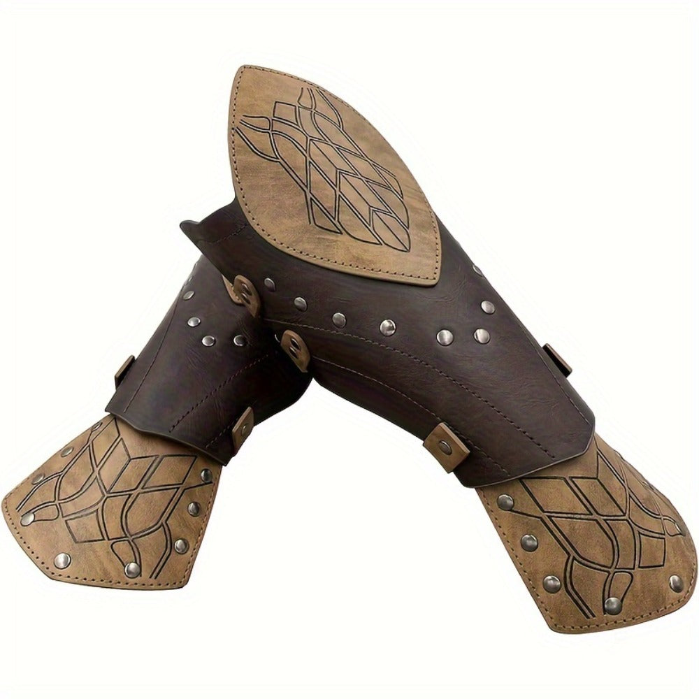 Halloween Knight Gloves LARP Cosplay Renaissance Faire Role Play Costume Prop, Black | Elf Arm Guards 2pcs Medieval Embossed Faux Leather Fantasy Buckle Armor - product image 4