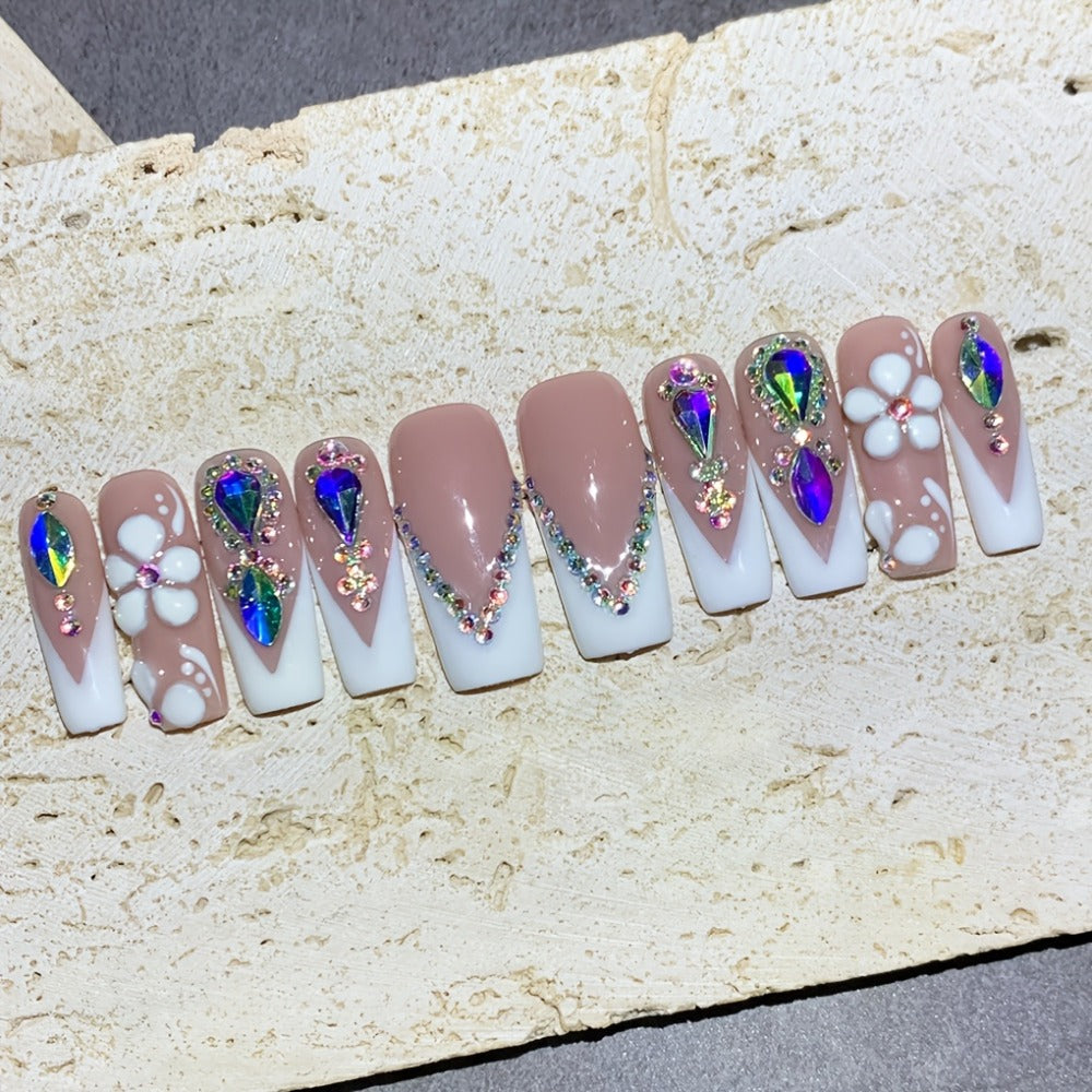 Press On Nails Square French Tip with AB Rhinestone & Handcrafted Floral Design – Nude White Glossy Luxury Nail Set 10pcs S/M/L for Wedding Bridal Party - product image 4