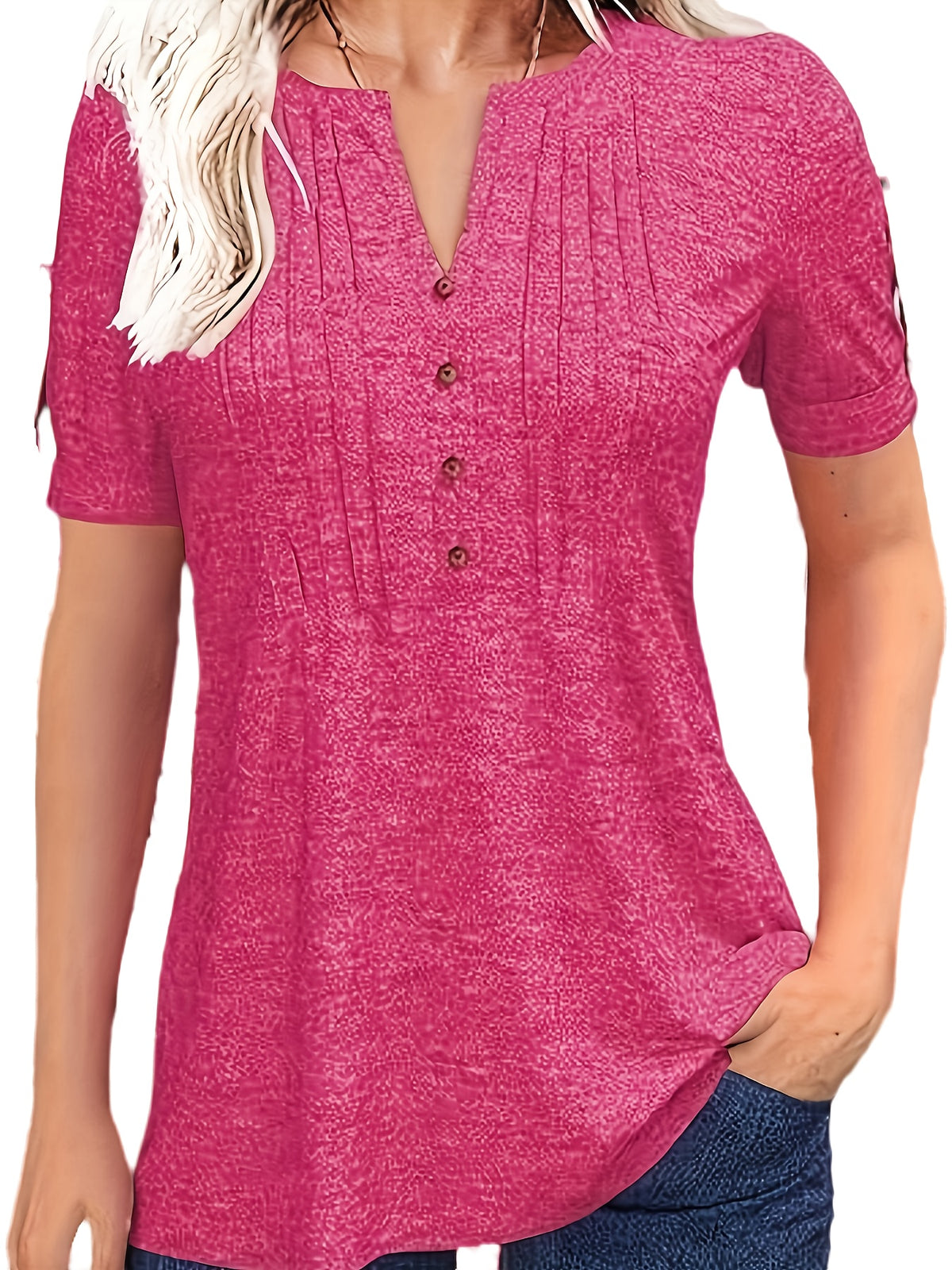Casual Short-Sleeve T-Shirt for Women, Featuring a Pleated Design and V-Neck in Solid Colors, Perfect for Summer - product image 19