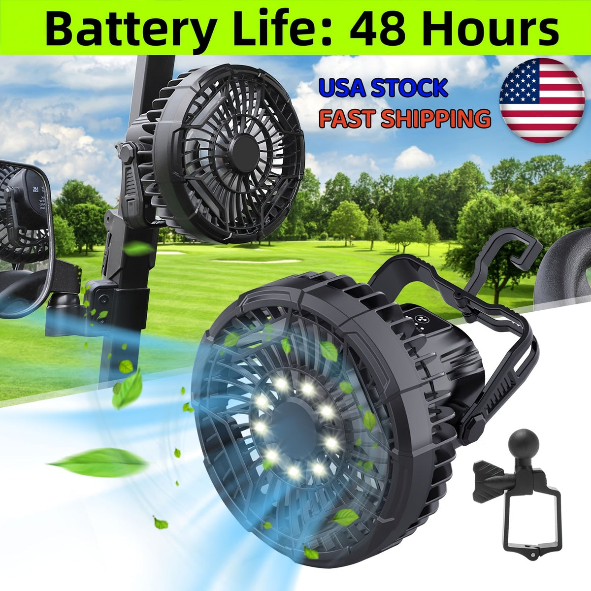 10400mAh Rechargeable, 48H Runtime, 360° Adjustable Head, 3-Speed Remote Control, USB & Type-C, Fits All Square Tube Frames, for Golf, Camping & Fishing | Portable Battery Golf Cart Fan with LED Lantern