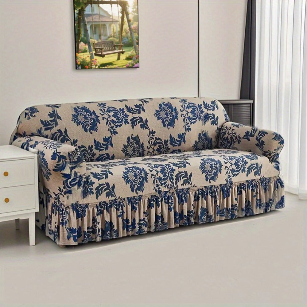 Stretch Sofa Cover Slipcover High-Stretch Fabric Ruffle Skirt Non-Slip Rod All-Season Snug Fit for 1 2 3 4 Seater Couch — Dark Blue with Pillow Cover - product image 5