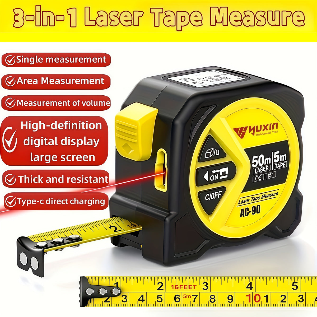 Laser Tape Measure 3-in-1 Digital Distance Meter 50M 165ft High Precision Infrared Rangefinder Smart HD Display USB Charging M In Ft Unit Switching Portable Measuring Tool - product image 17