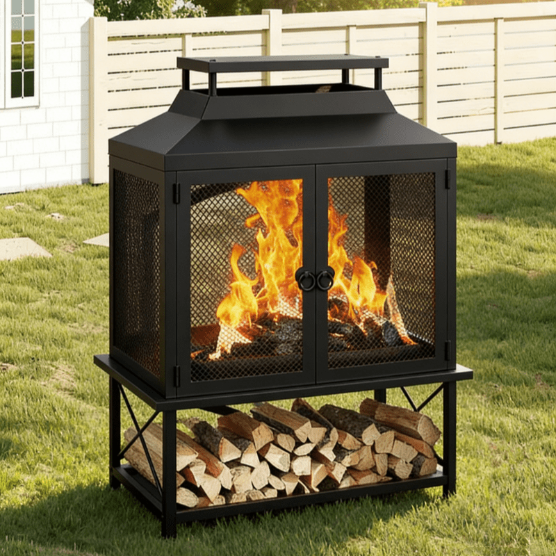 Outdoor Fireplace 39 Inch Rectangular Wood Burning Fire Pit with Grill, Spark Screen & Poker, Large Metal Patio Fireplace with Wood Storage for Garden Deck Backyard, Black - product image