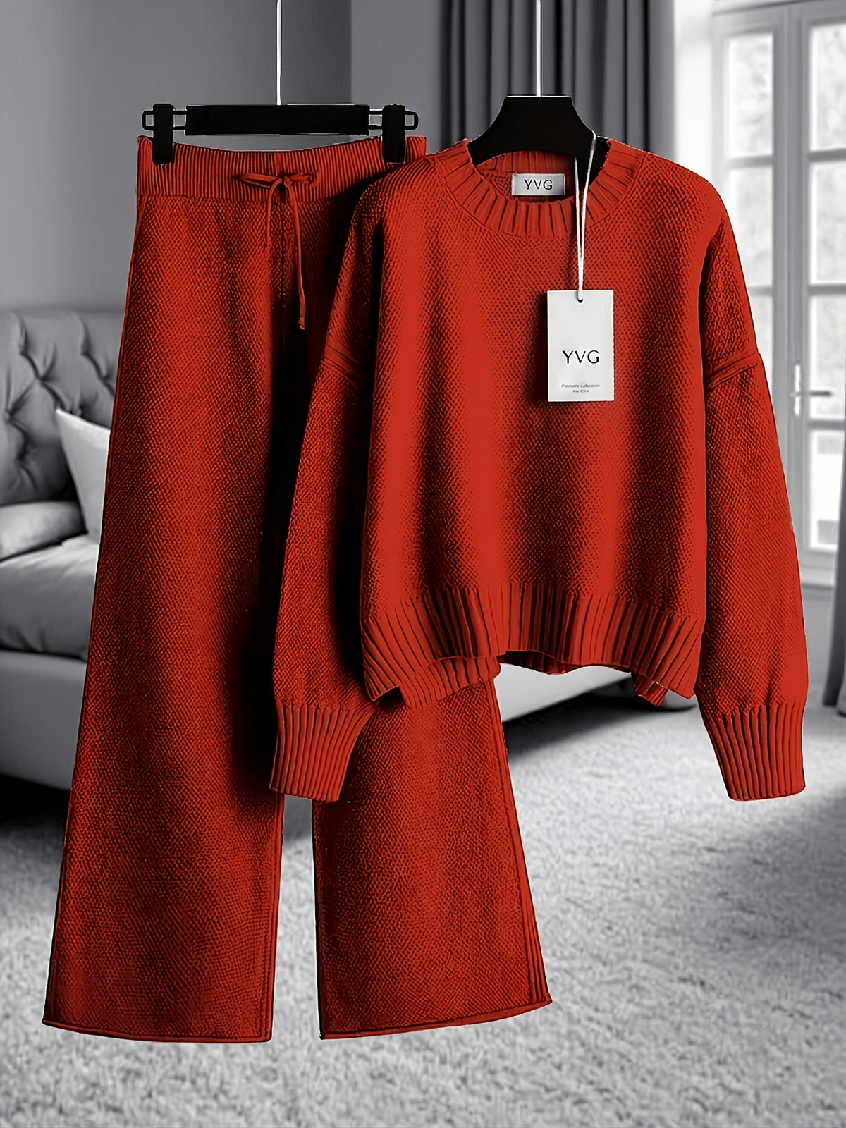 Authentic - Women's Early Autumn Comfortable and Breathable Waffle Texture Two-Piece Set: Round Neck Shoulder- Long Sleeve Hoodie, High-Waist Wide-Leg - product image 16