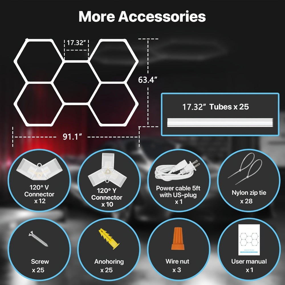 LED Hexagonal Garage Light 6500K – Super Bright Daylight White Shop Light 42W–620W for Auto Detailing, Warehouse, Workshop, Basement & Gym (1 to 32 Grids, Hex Frame Available) - product image 22