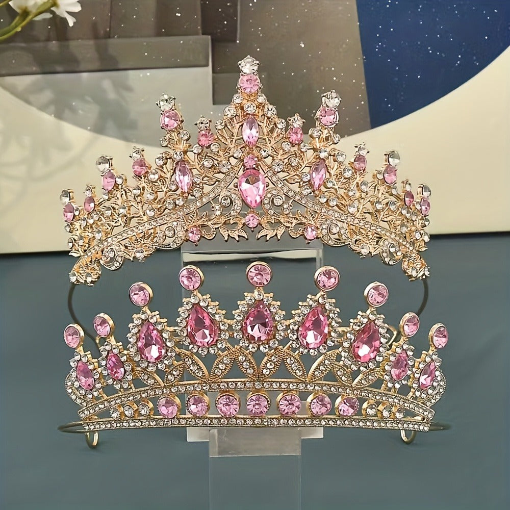 Baroque Style Tiara Headwear for Girls Women Birthday Party Prom Dance Wedding Halloween Costume Accessory Dress Up | Princess Crown with Pink Gemstones 2pcs Set