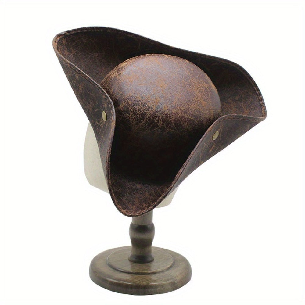 Pirate Tricorn Hat Faux Leather Wide Brim | Vintage Distressed Pirate Hat for Men Women, Halloween Costume, Cosplay, Renaissance Fair & Themed Party Accessory, Black & Brown
