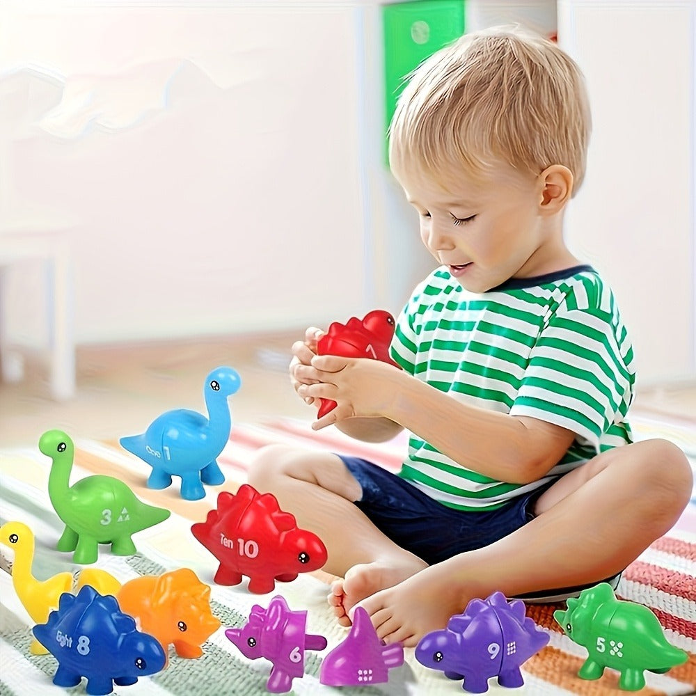 10 Pairs Retractable Plug-In Counting Sorting Math Game with Storage Bag, Montessori STEM Learning Gift for Boys Girls Ages 1-3, Birthday Easter Christmas | Dinosaur Number Matching Toy for Toddlers