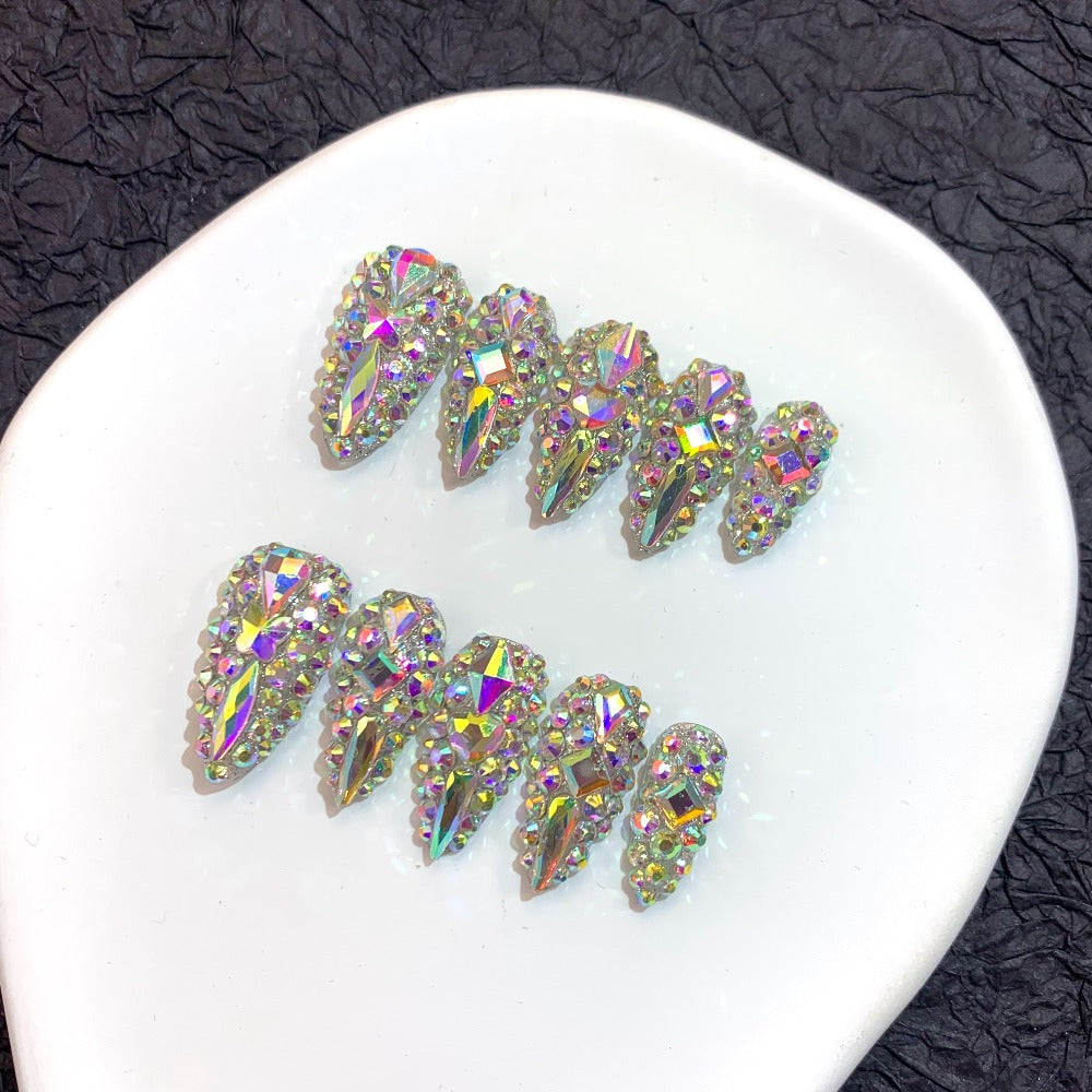Almond Press On Nails 10pcs Medium Length Glitter Strobe AB Crystal Rhinestone – Color Block Fake Nails Kit with Nail File, Cuticle Stick & Sticker Pad for Party, Wedding, Date Nig - product image 7