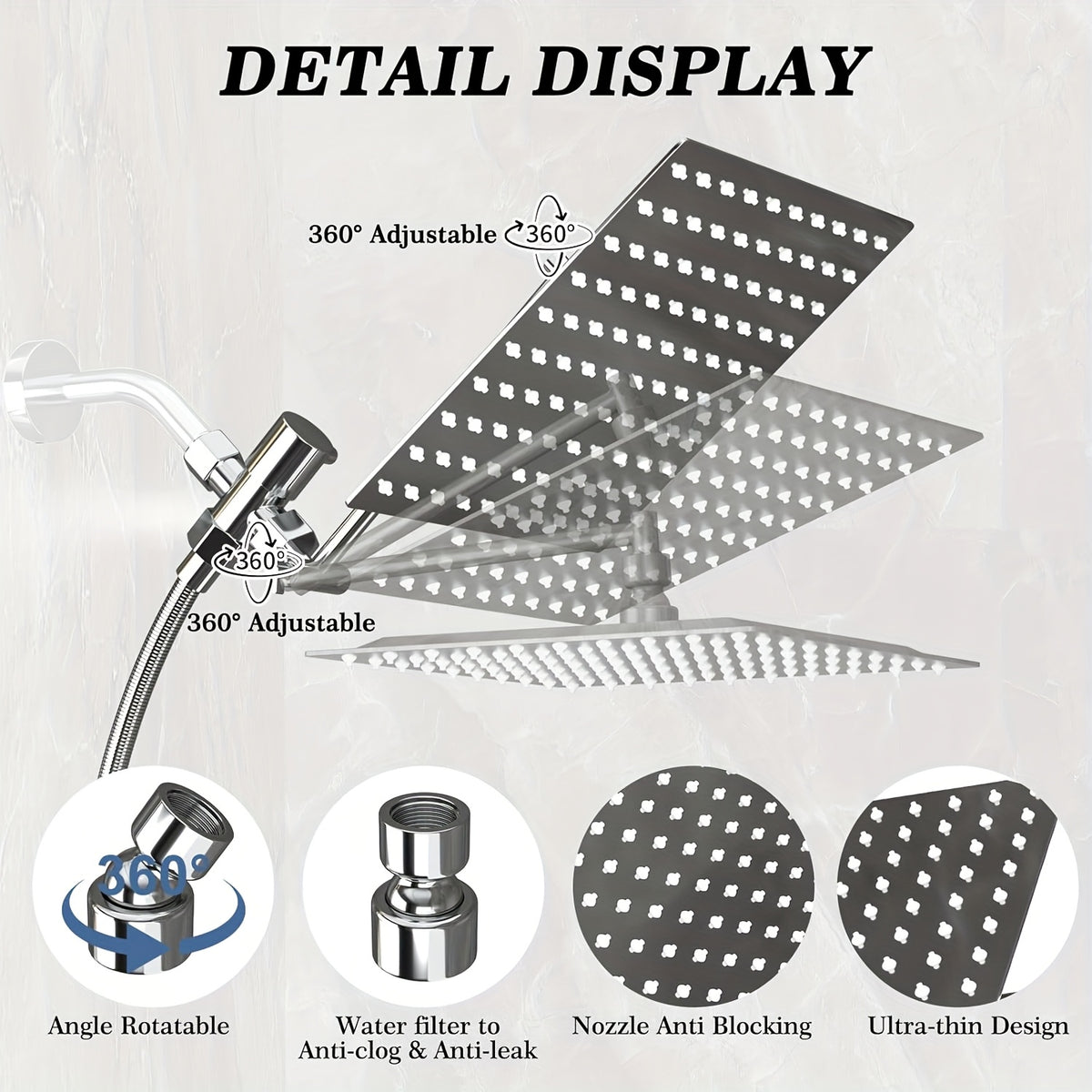 Shower Head, High Pressure Rainfall/Handheld Shower Combo With Extension Arm, 9 Settings, Anti-leak Shower Head With Holder, Height/Angle Adjustable, Chrome - product image 4