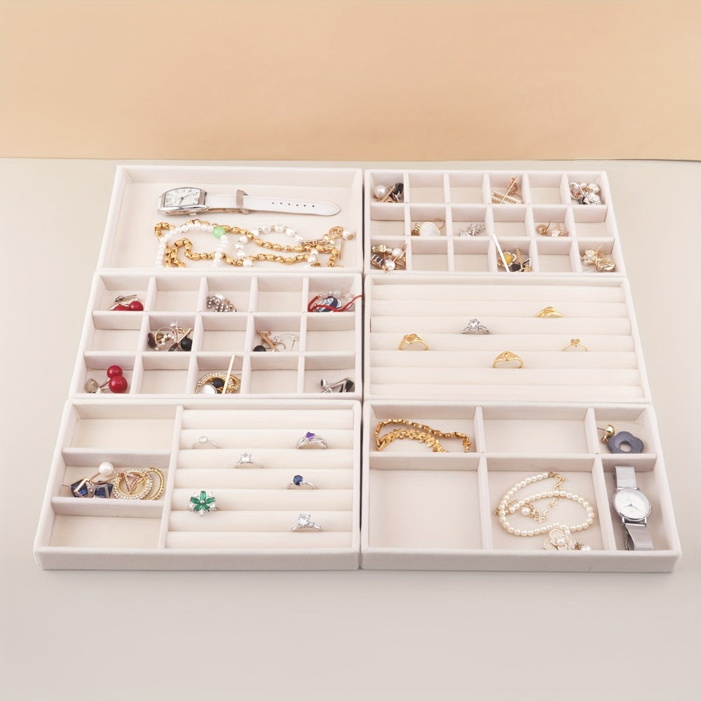 Stackable Jewelry Organizer Trays 6-Piece Set – Rectangular Multi-Compartment Drawer Inserts with Removable Dividers for Earrings, Rings, Necklaces & Bracelets – Tabletop Jewelry D - product image