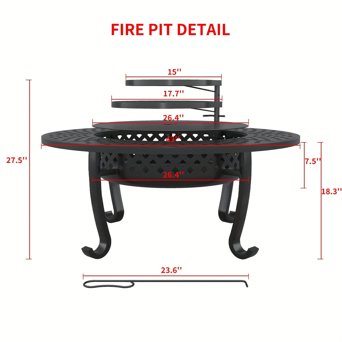 Fire Pit 43 Inch with 2 Cooking Grills & Lid Outdoor Wood Burning Firepit Round Metal Table for Backyard Patio Garden Camping Bonfire - product image 4