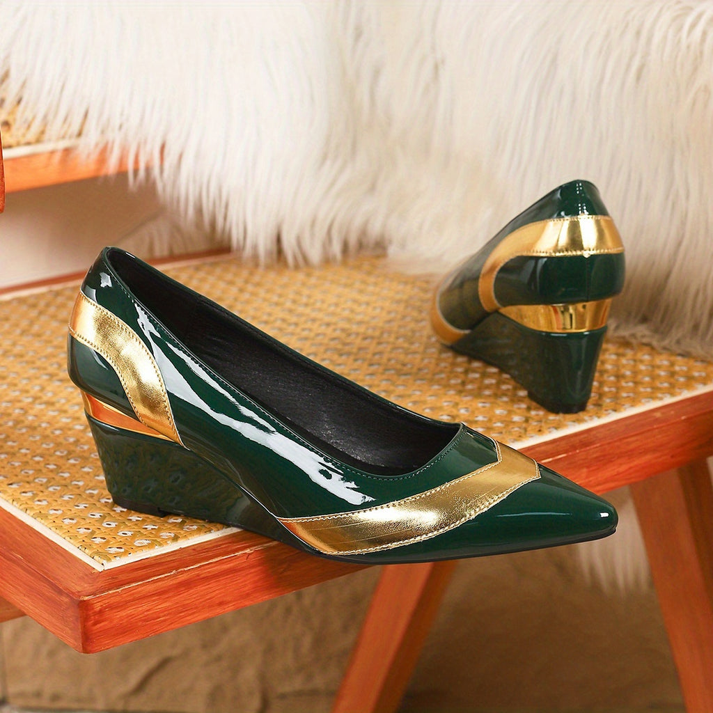 A Pair of Women's Single Shoes with Black and Golden Color, Pointed Toe, Thick-Soled Comfortable Wedge Heels, Fashionable Leisure Elegant High, Shopping Banquet Commuting Single Shoes