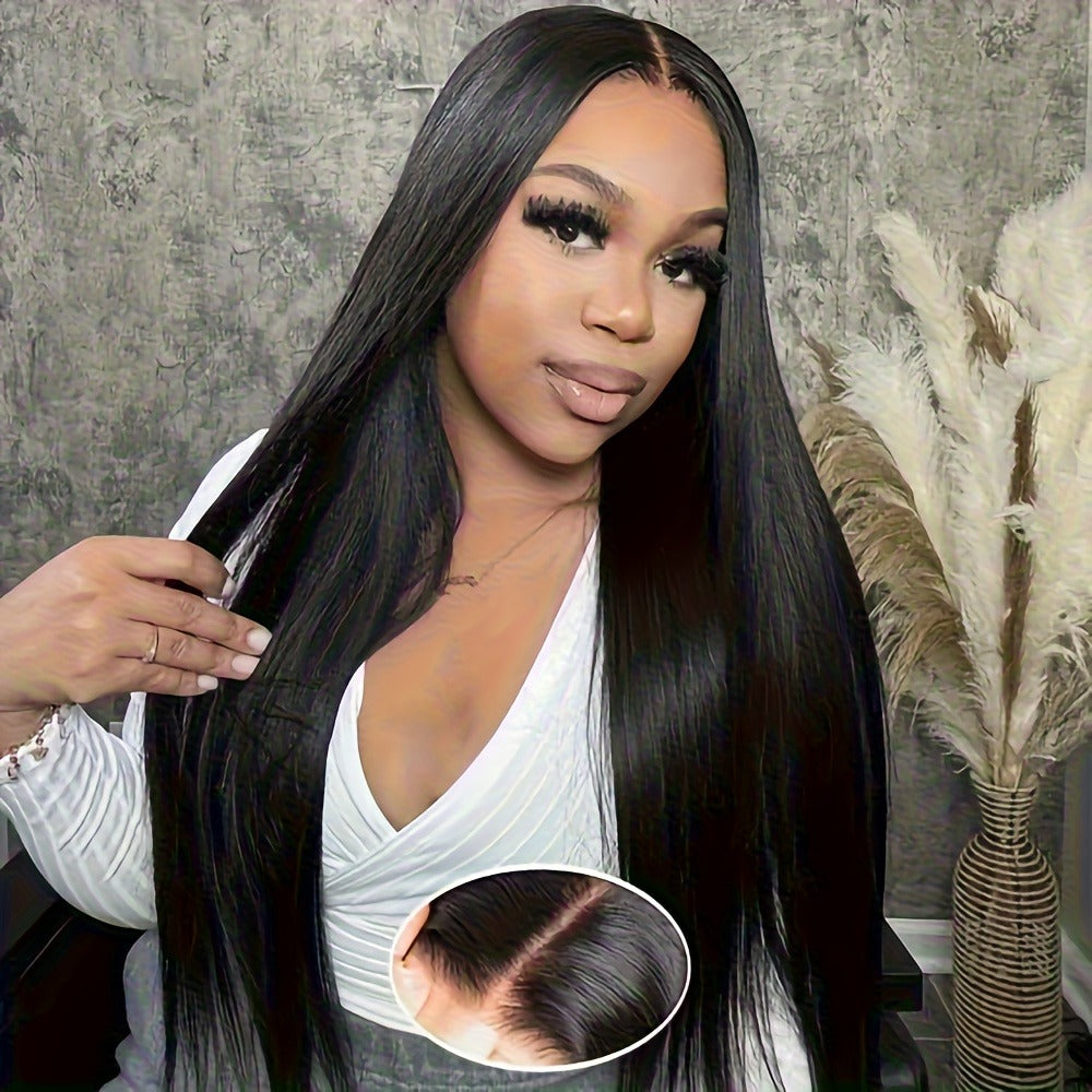 Put On and Go Wig 6x4.5 HD Lace Human Hair Straight 250% Density Glueless Pre-Plucked Pre-Cut Pre-Bleached Knots Long Straight Wig for Women 22-36 Inch Natural Black - product image