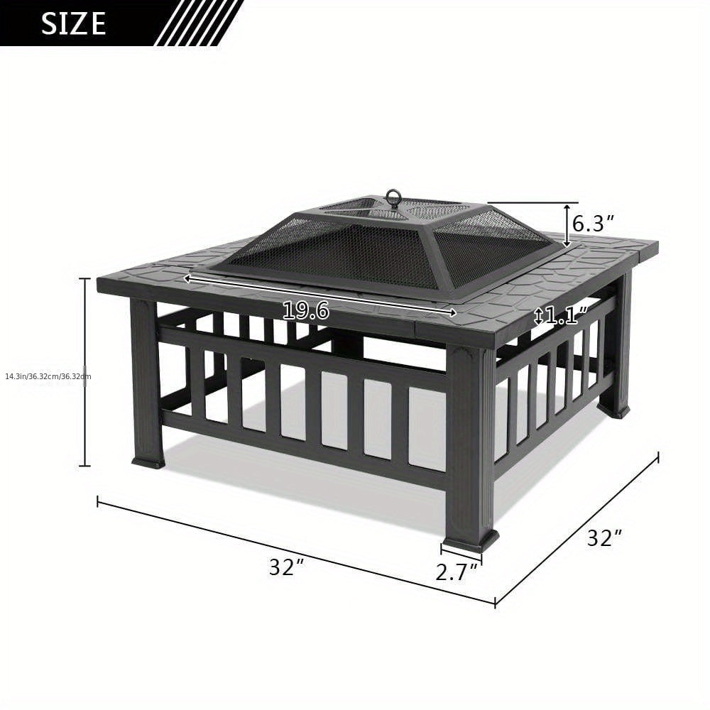 Square Fire Pit Table 32 Inch Metal Wood Burning Outdoor Fire Pit with Mesh Lid, Poker & Tabletop for Backyard Patio Garden Gatherings - product image 5