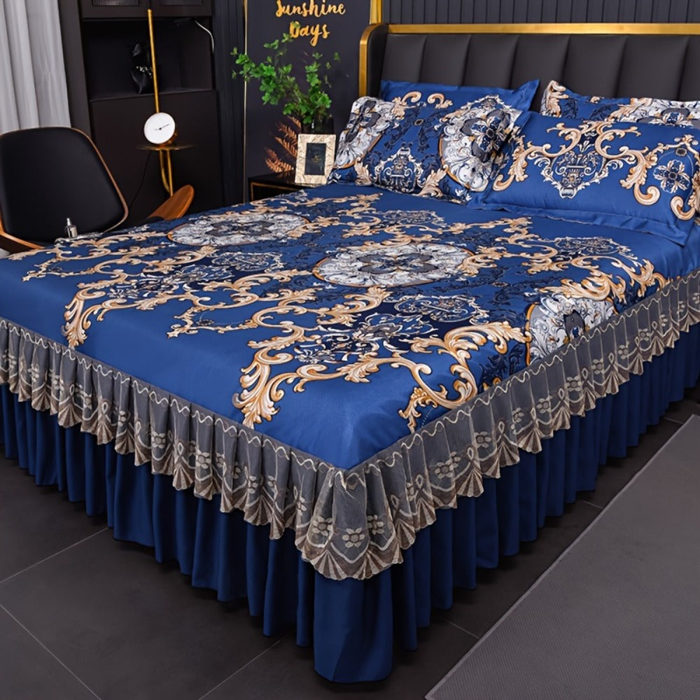 Floral Ruffle Bed Skirt Cool Mat 3 Piece Set with Pillowcase, Double Layer 360° Full Wrap Washable Cooling Mattress Cover, Breathable Summer Bedding Set for Twin Full Queen King, P - product image 4
