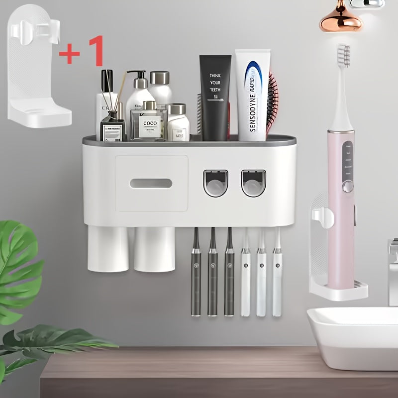 Wall Mounted Toothbrush Holder with Automatic Toothpaste Dispenser - 3 Cups Bathroom Organizer, Space-Saving Toothbrush Cup Holder for Family, Black & Gray - product image 15