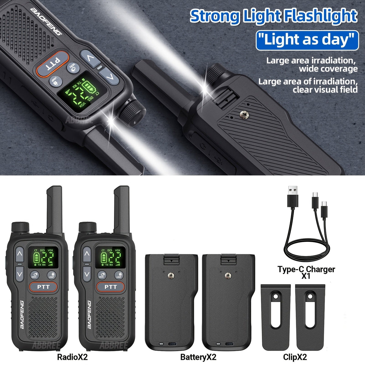 FRS Two Way Radio Rechargeable | BAOFENG BF-T18 Walkie Talkies Long Range with NOAA Weather Alert | VOX Hands-Free | 1500mAh USB-C Battery | LED Flashlight - product image 3