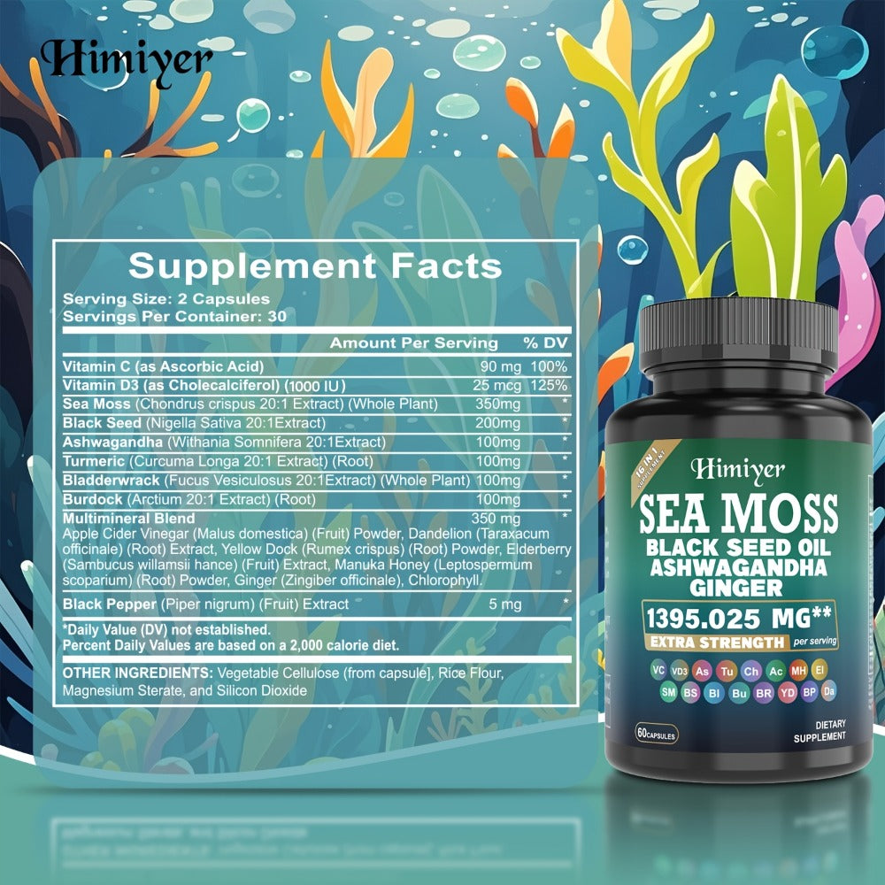 Sea Moss Capsules 3-Pack 180 Count with Black Seed Oil, Ashwagandha, Turmeric & Bladderwrack - Multimineral Thyroid, Immune, Gut & Anti-Inflammatory Wellness Blend with Vitamin C D - product image 2
