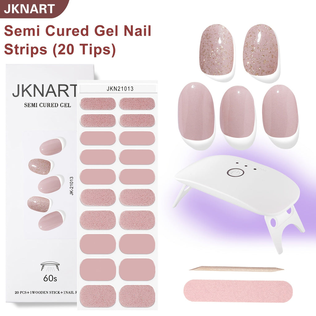 Gel Nail Art Kit Semi-Cured Nail Stickers 20 Designs with Portable UV Lamp Full Coverage Soft Gel Nail Patches Nude Nail Wraps for Women Party Birthday Gift Home Manicure - product image 12