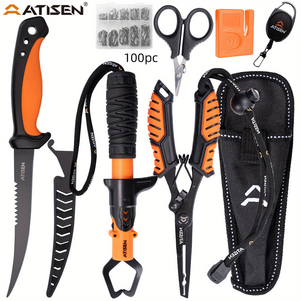 Bait Knife, Luya Tongs, Knife Sharpener, Fishing Line Clippers & Anti-Loss Stretch Rope, Orange High-Visibility Fishing Tool Kit for Outdoor Camping Hiking - product image 2