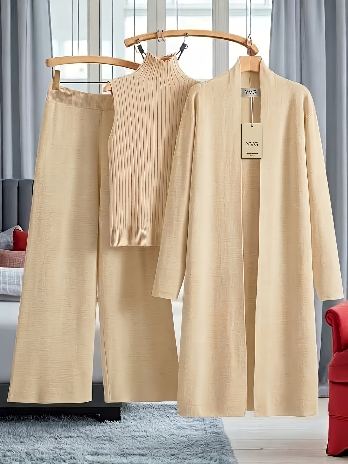 Genuine - Women's Autumn and Winter New Loose Set: Long Wide-Leg Pants + Shawl Cardigan + High-Collar Sweater Vest Fashion Three-Piece Set