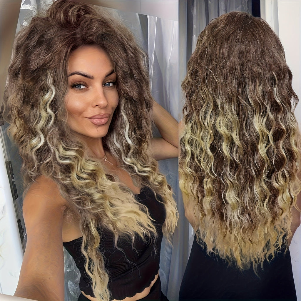 Ombre Dark Root Curly Wig Long Wavy 30 Inch Synthetic Middle Part Ash Blonde Brown Gradient Orange Voluminous Party Halloween Daily Wear Women - product image 2